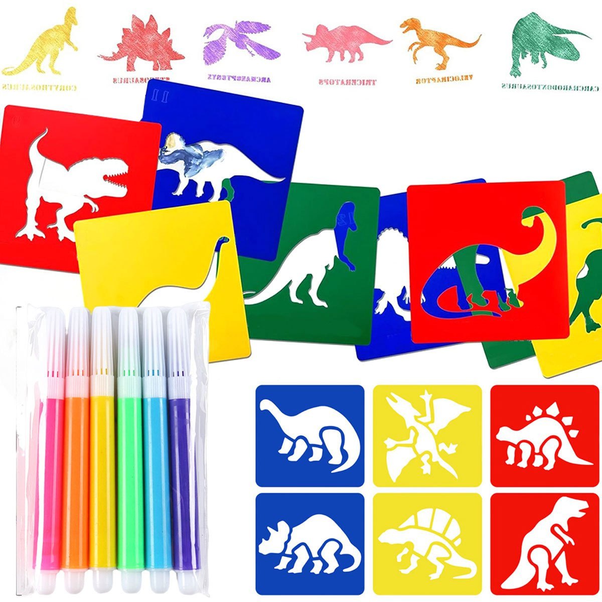 6Pcs 미니 마커가있는 6Pcs 공룡 그림 스텐실 세 - Art Craft Template 리뷰 및 가격